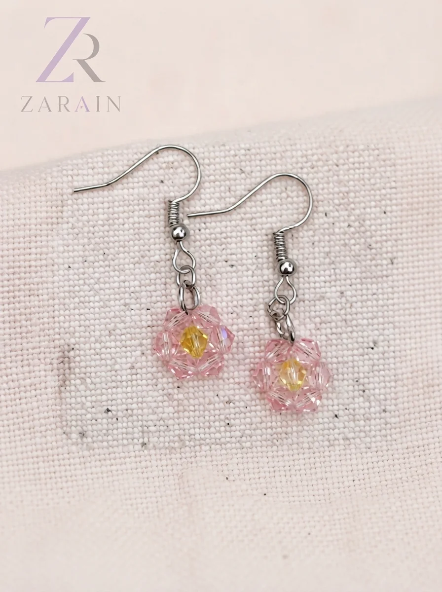 Pink crystal flower beaded earrings