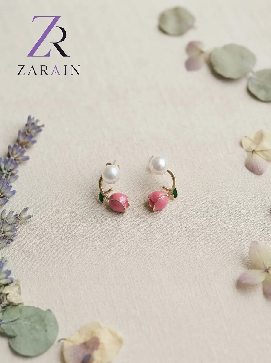 Pink Tulip & Pearl Drop Earrings