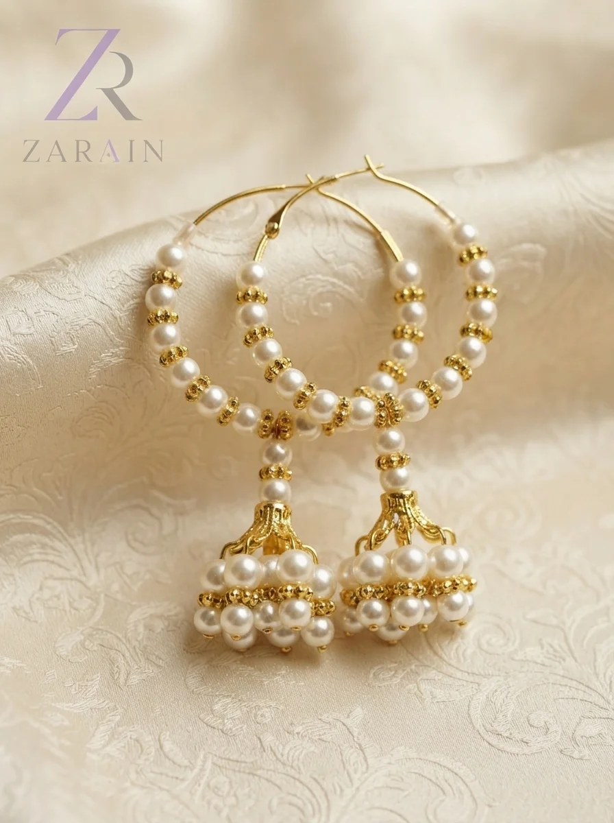ZARAIN Pearl & Gold Elegance Jhumka Hoops