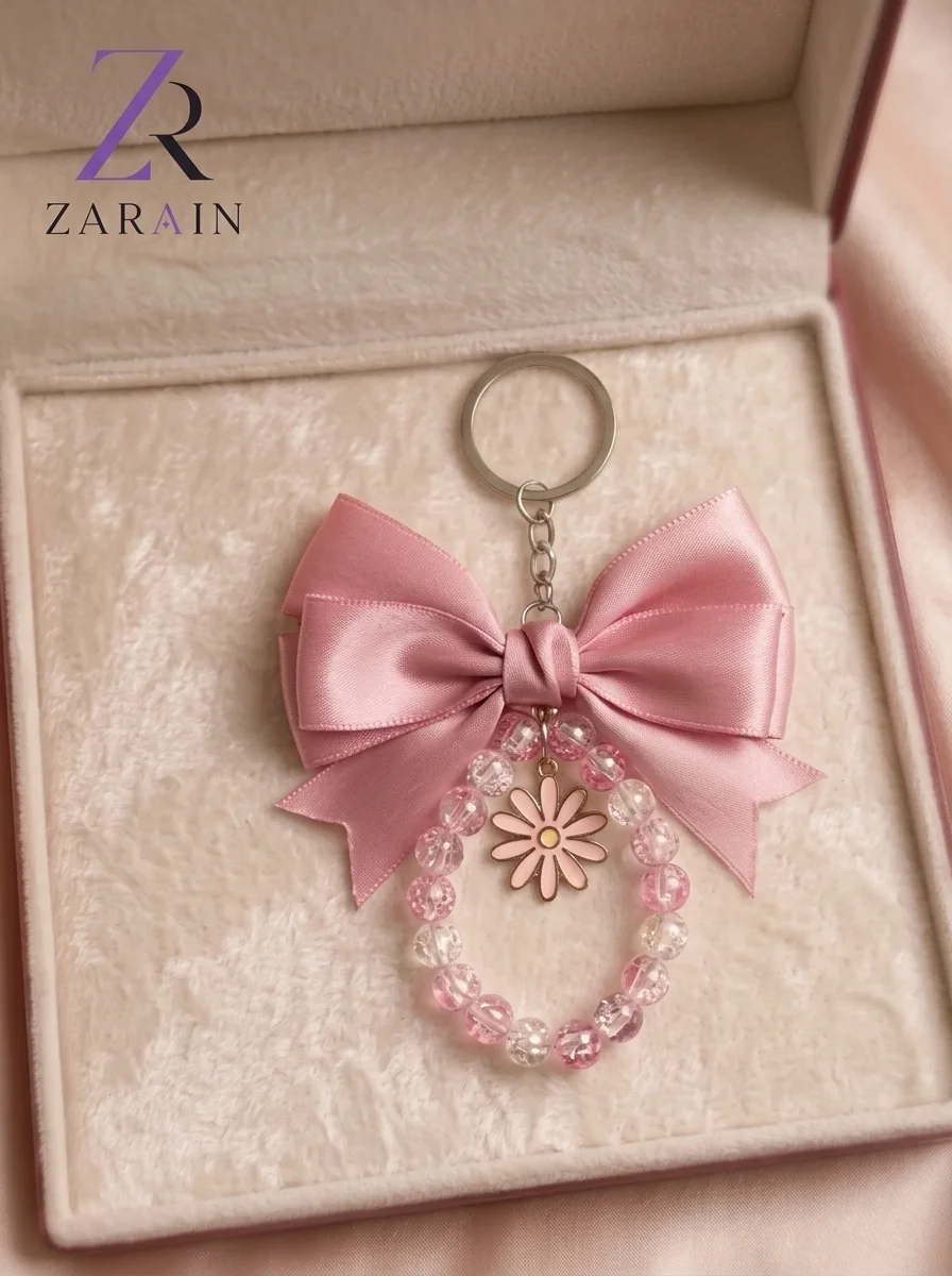 ZARAIN Pink Satin & Crystal Bow Keychain