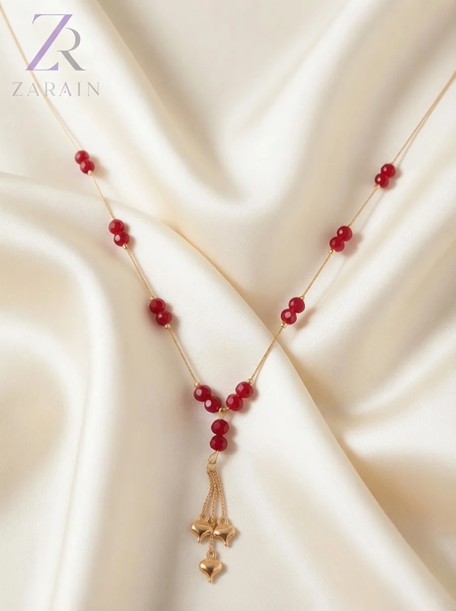 Golden Heart Tassel Red Beaded Necklace