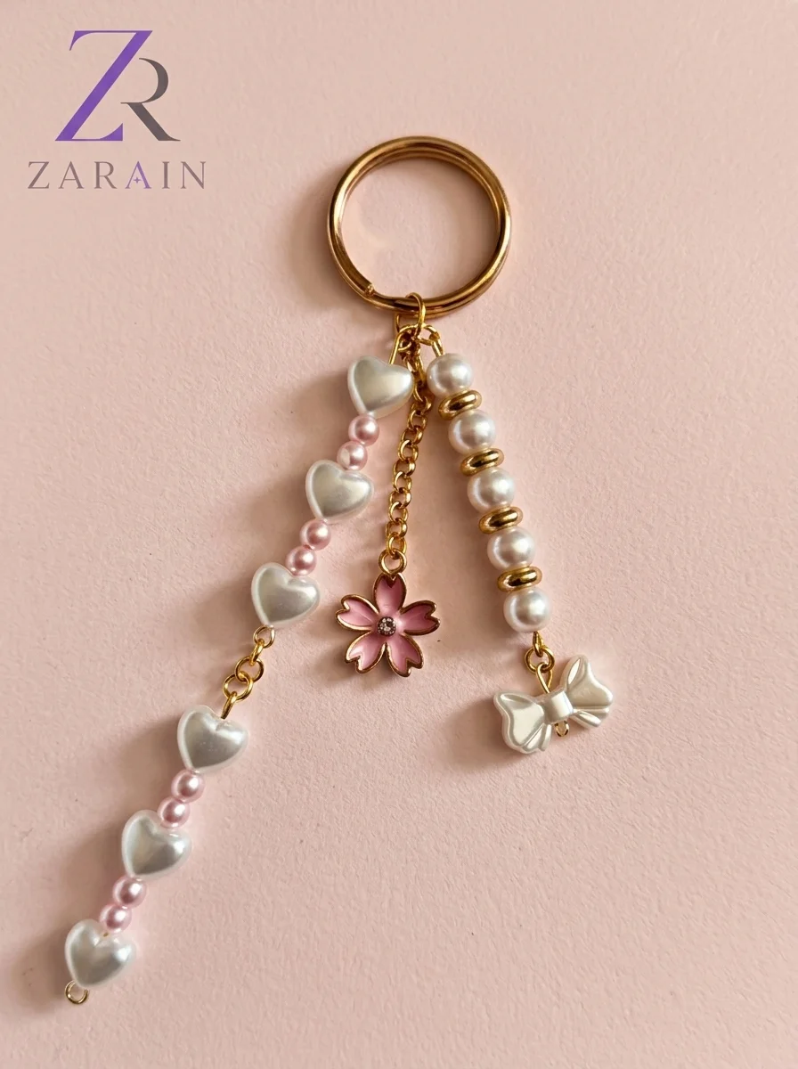 Zarain Sakura Heart & Bow Beaded Charm for Bags & Keys