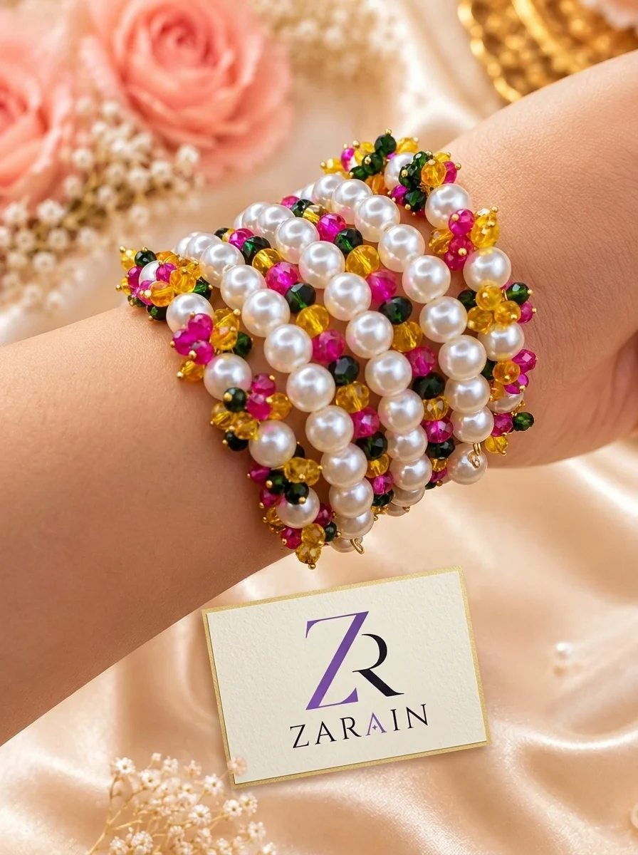 Pearl Crystal Gajra Bracelet & Bangle Set