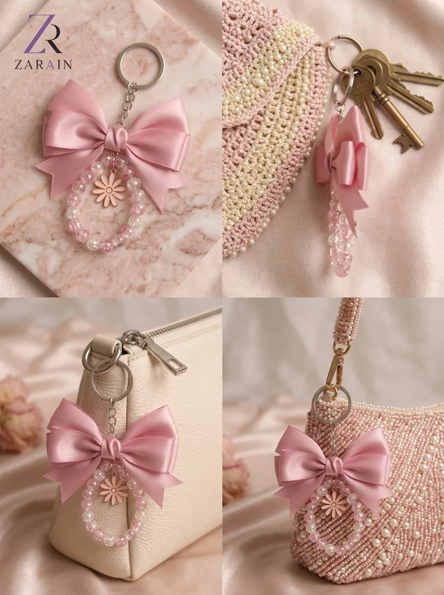 ZARAIN Pink Satin & Crystal Bow Keychain