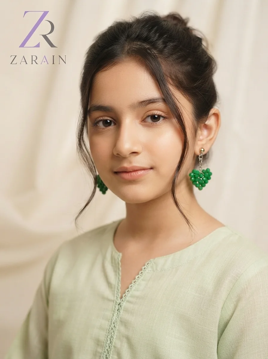 Zarain Green Heart Bead Drop Earrings