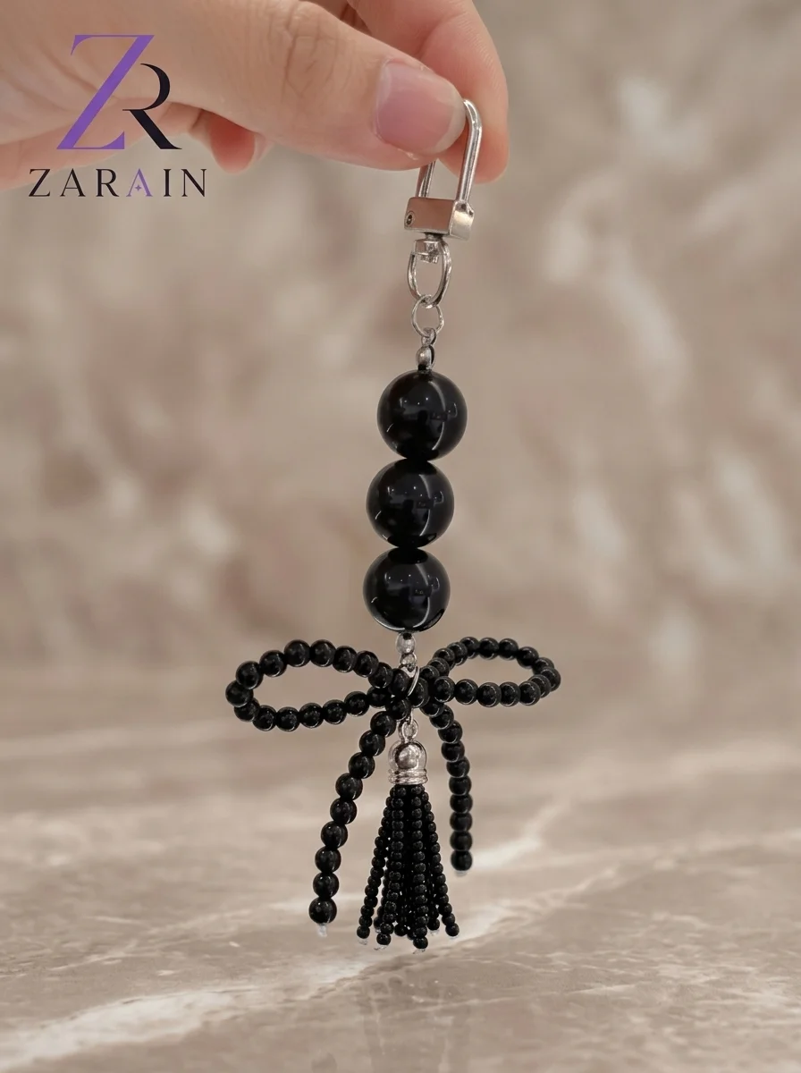 ZARAIN Black Onyx Bow & Tassel Bag Charm / Keychain