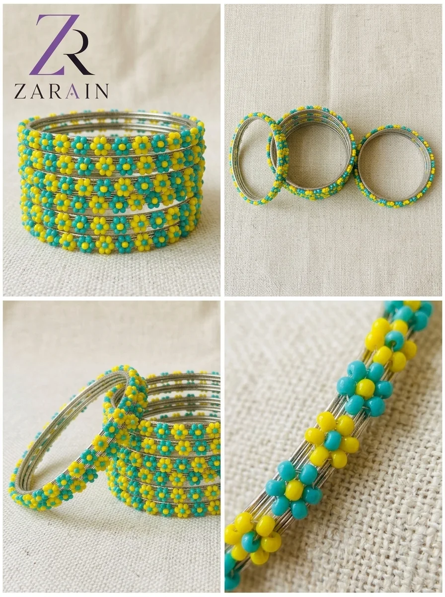 6 PC - Floral Turquoise & Canary Bangle Set