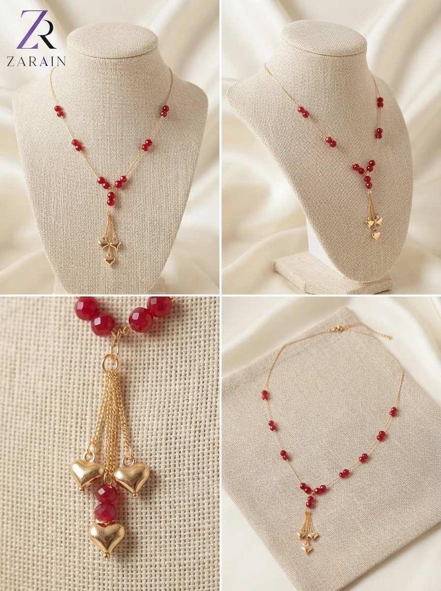Golden Heart Tassel Red Beaded Necklace