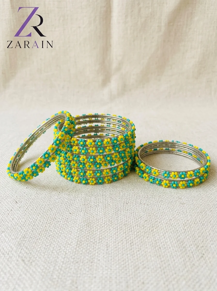 6 PC - Floral Turquoise & Canary Bangle Set