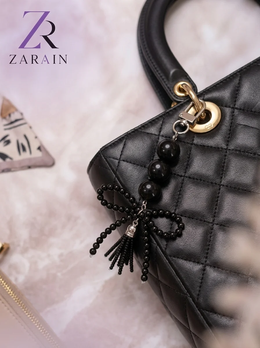 ZARAIN Black Onyx Bow & Tassel Bag Charm / Keychain