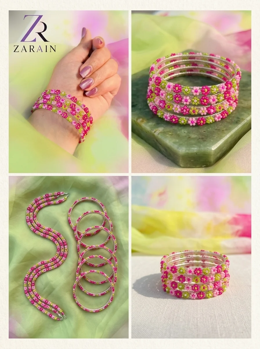 6PC - Pink & Lime Floral Bangles