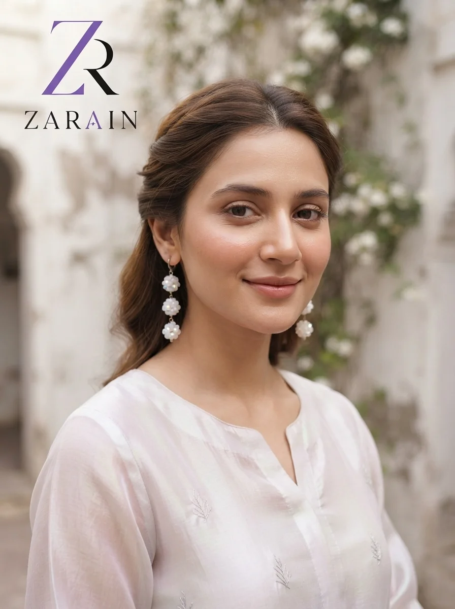 White beaded cluster drop earrings