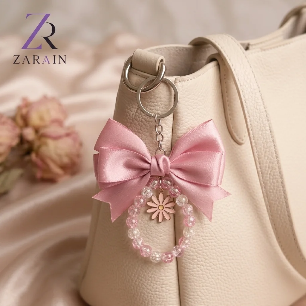 ZARAIN Pink Satin & Crystal Bow Keychain