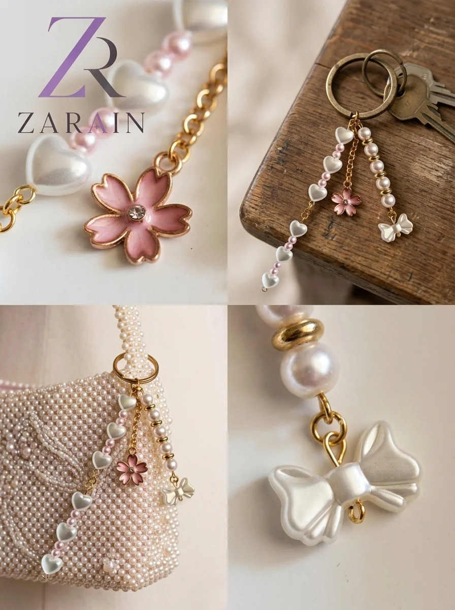 Zarain Sakura Heart & Bow Beaded Charm for Bags & Keys