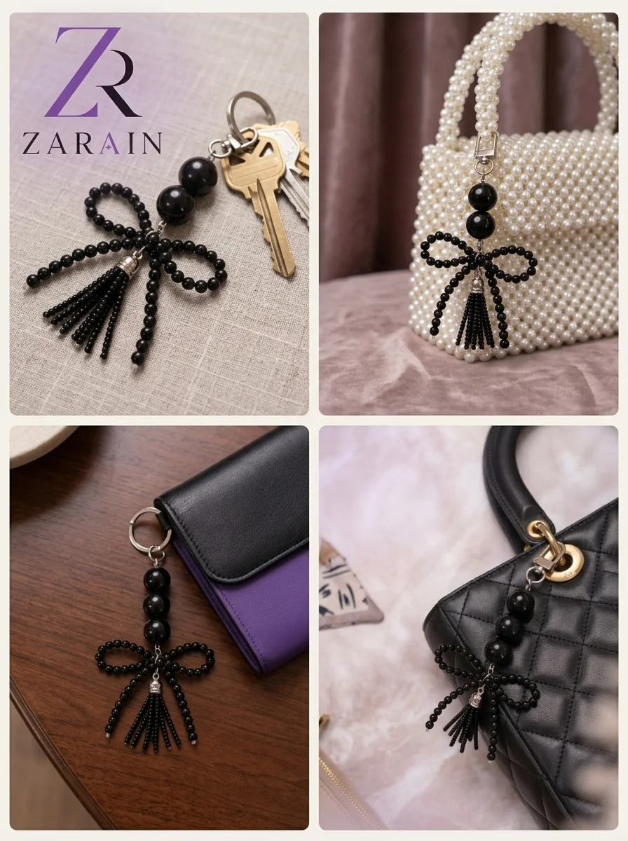 ZARAIN Black Onyx Bow & Tassel Bag Charm / Keychain