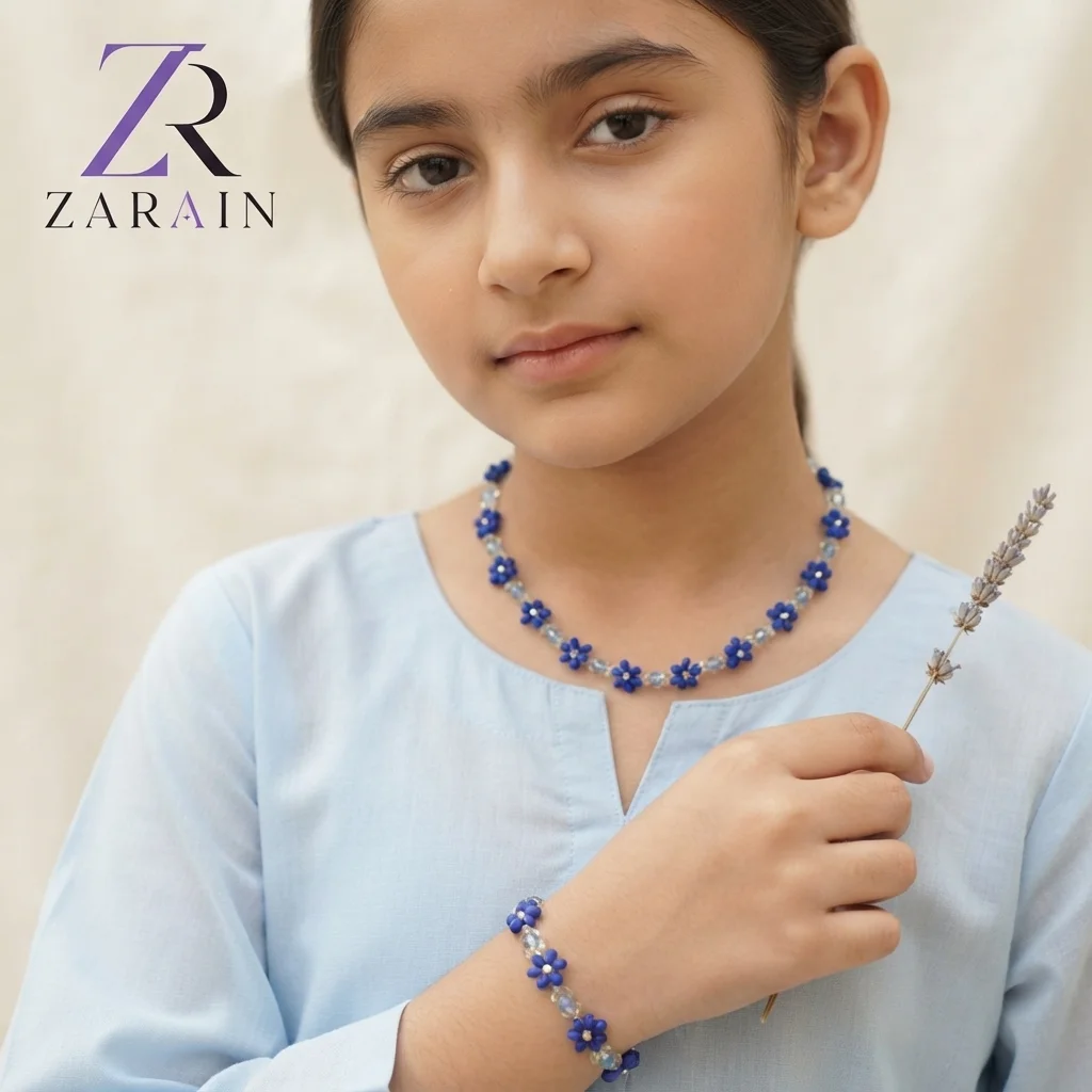 Handmade Blue Beaded Flower Necklace & Bracelet Set