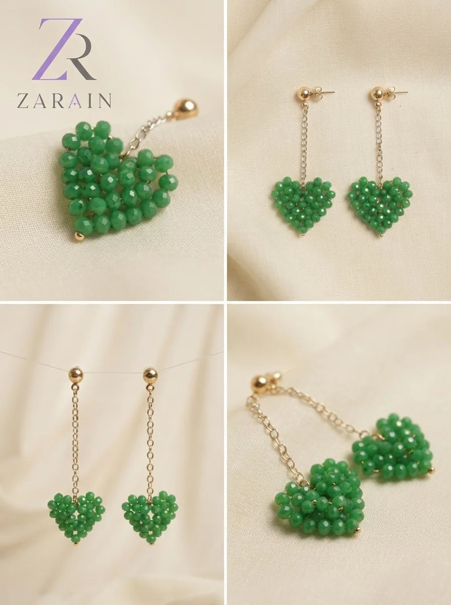 Zarain Green Heart Bead Drop Earrings