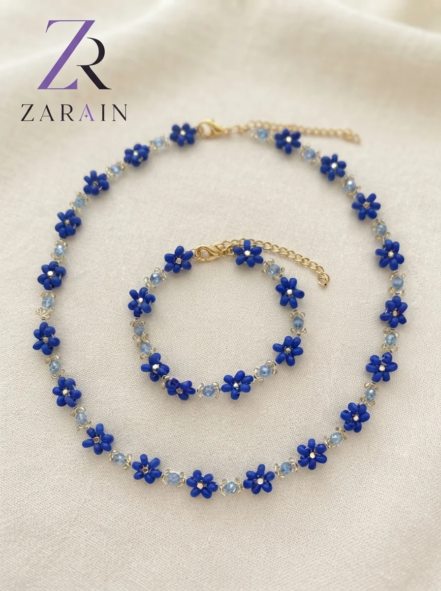 Handmade Blue Beaded Flower Necklace & Bracelet Set