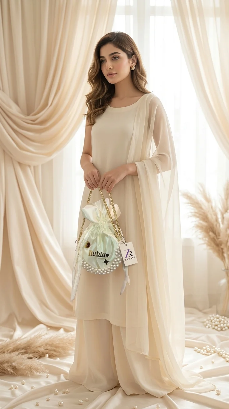ZARAIN Pearl-Embellished Personalized Silk Potli Bag