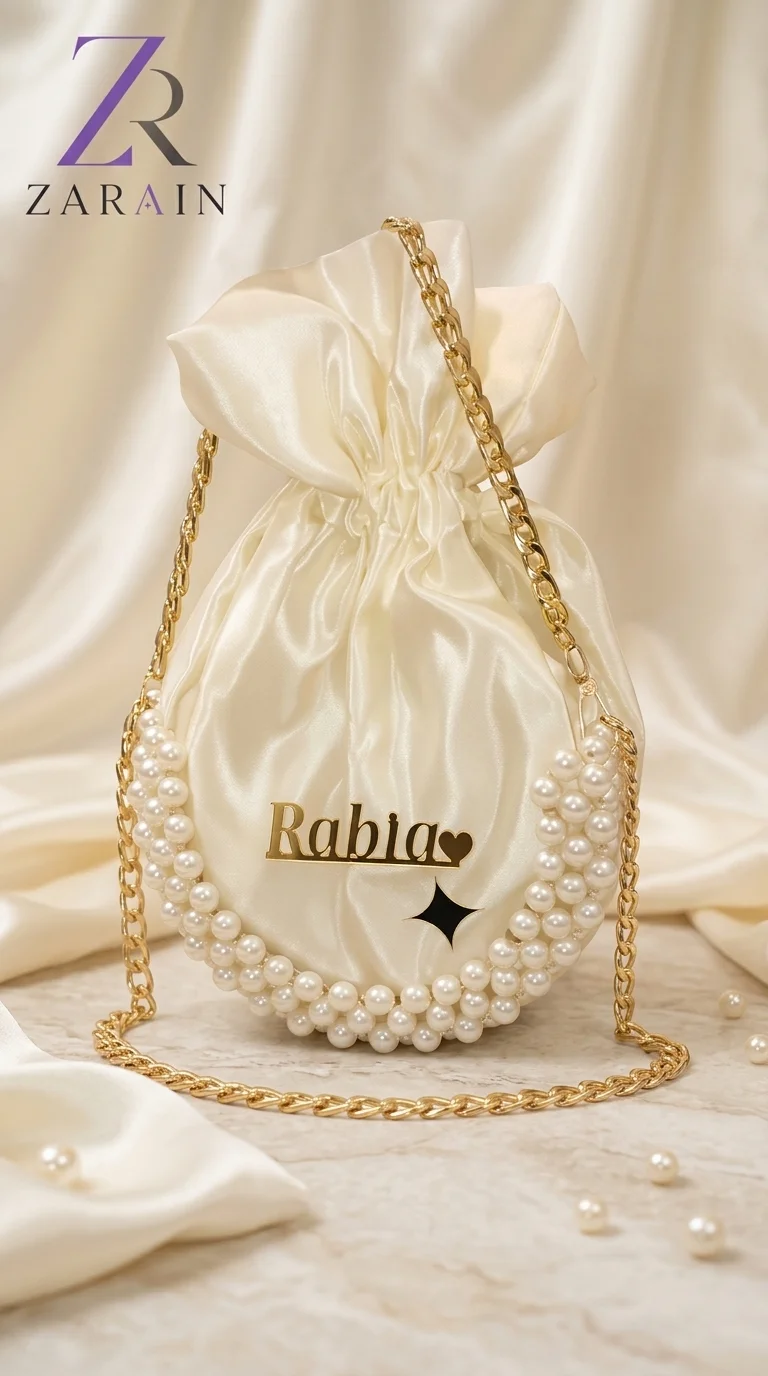 ZARAIN Pearl-Embellished Personalized Silk Potli Bag